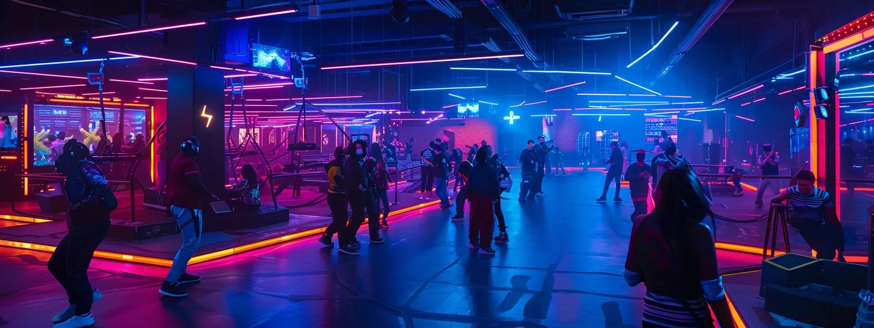 a dynamic indoor laser tag arena bustling with excited players of various age groups, vibrant neon lights illuminating the sleek obstacles and high-tech gear, capturing the energetic atmosphere of a laser tag party. a dynamic indoor laser tag arena bustling with excited players of various age groups, vibrant neon lights illuminating the sleek obstacles and high-tech gear, capturing the energetic atmosphere of a laser tag party.