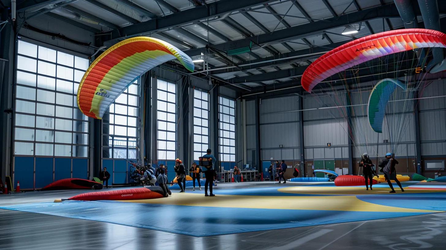 a dynamic indoor paragliding workshop showcases a diverse array of beginner to advanced gear, with experienced instructors guiding eager pilots through hands-on evaluations of safety features and performance specifications in a well-lit training space. a dynamic indoor paragliding workshop showcases a diverse array of beginner to advanced gear, with experienced instructors guiding eager pilots through hands-on evaluations of safety features and performance specifications in a well-lit training space.
