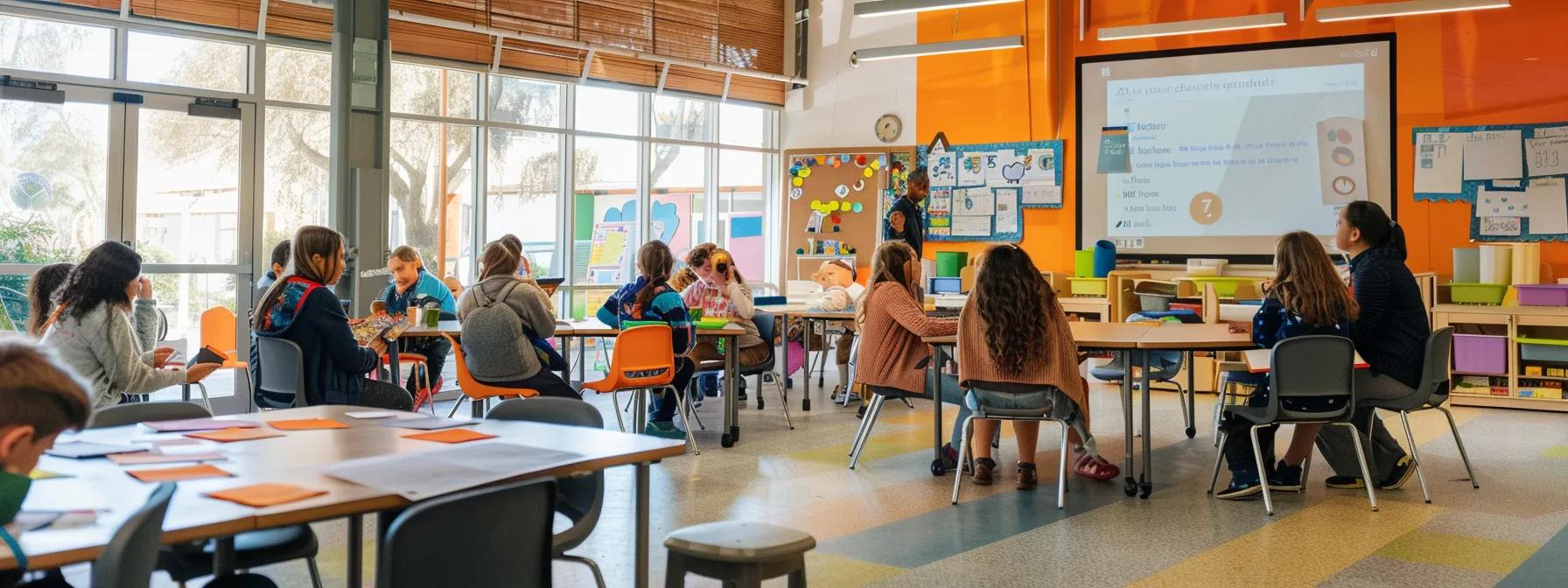 a dynamic indoor scene of a collaborative workshop at chroma early learning academy featuring engaged families and local business representatives exchanging ideas, set against a vibrant, modern educational backdrop filled with colorful learning materials and resources. a dynamic indoor scene of a collaborative workshop at chroma early learning academy featuring engaged families and local business representatives exchanging ideas, set against a vibrant, modern educational backdrop filled with colorful learning materials and resources.
