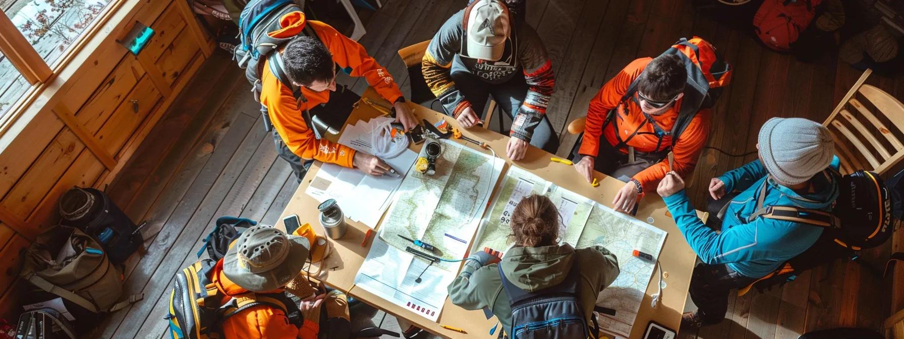 a dynamic indoor scene showcases a group of adventurous individuals excitedly organizing gear and safety equipment around a large table, with maps and detailed checklist guides spread out, embodying the spirit of preparation for their tennessee rafting overnight adventure.