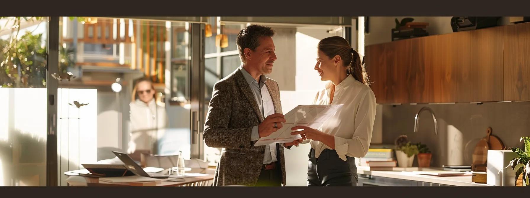 a dynamic indoor setting captures a confident solar sales representative engaging enthusiastically with a homeowner amid sleek, modern design elements, conveying the impactful transformation of online advertising in solar energy sales.