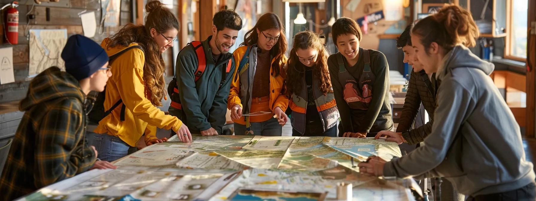 a dynamic indoor setting shows a group of students eagerly engaging in a lively discussion around a large table, equipped with rafting gear and maps, embodying the excitement and teamwork of preparing for their last college rafting adventure.