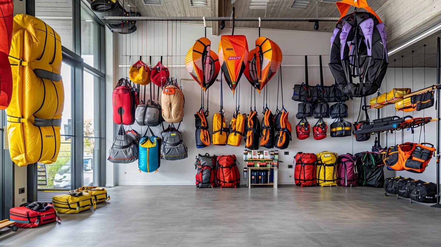a dynamic indoor setup features an organized display of colorful paragliding gear, including various canopies and harnesses, showcasing safety equipment like helmets and reserve parachutes, all set against a sleek, modern office backdrop to emphasize the importance of understanding paragliding essentials. a dynamic indoor setup features an organized display of colorful paragliding gear, including various canopies and harnesses, showcasing safety equipment like helmets and reserve parachutes, all set against a sleek, modern office backdrop to emphasize the importance of understanding paragliding essentials.
