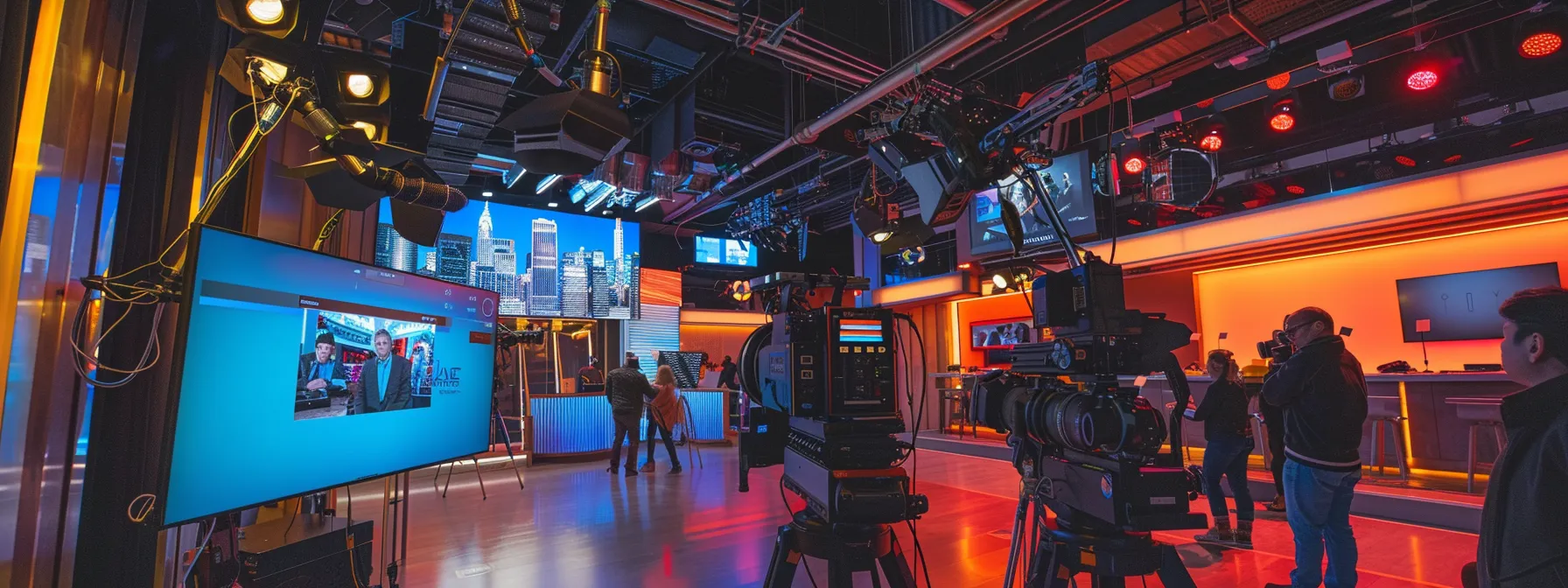 a dynamic interior shot of a bustling new york city television studio, featuring sleek modern broadcasting equipment, bright studio lights illuminating vibrant sets, and a diverse group of professionals engaged in lively discussion, encapsulating the energy and innovation of the 2025 media landscape.