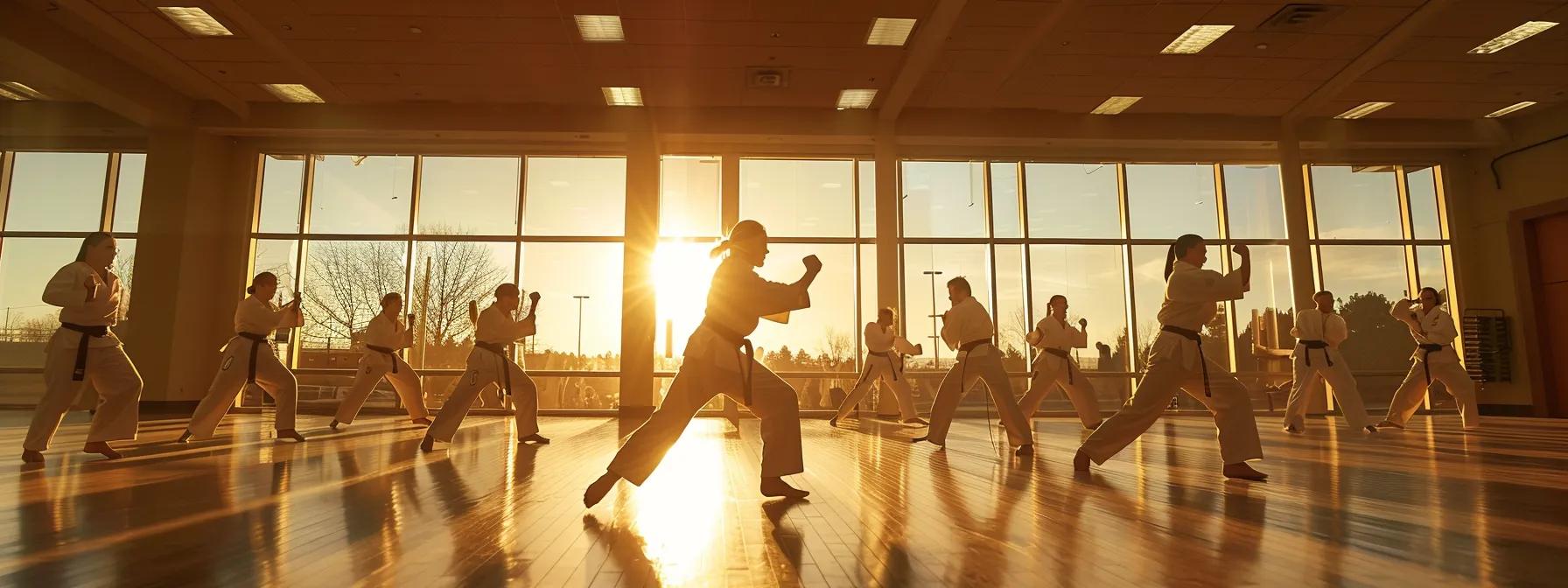 a dynamic interior shot of a bright martial arts school featuring focused students engaged in a dynamic training session, with a motivational instructor leading a mindfulness workshop, emphasizing mental resilience and positive mindset cultivation. a dynamic interior shot of a bright martial arts school featuring focused students engaged in a dynamic training session, with a motivational instructor leading a mindfulness workshop, emphasizing mental resilience and positive mindset cultivation.