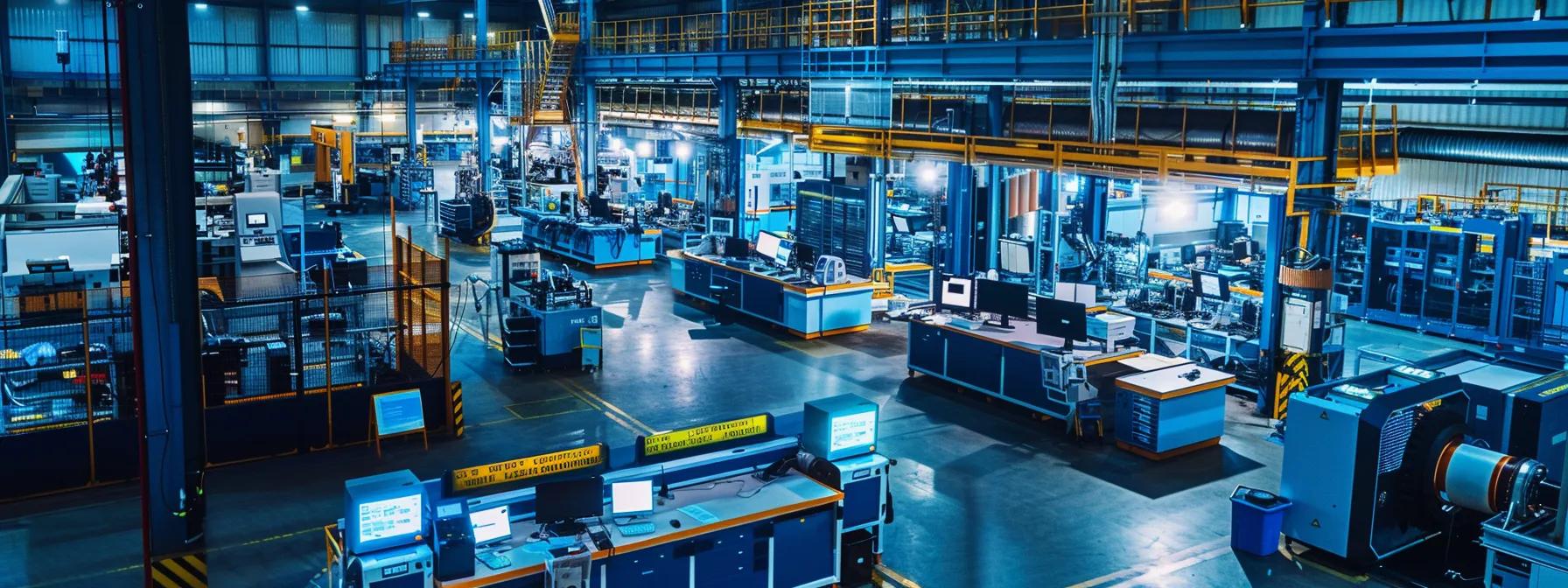 a dynamic manufacturing floor showcases advanced machinery in action, highlighting the seamless integration of quality control processes through vivid displays of monitors and operators engaged in precision cnc machining and assembly tasks.
