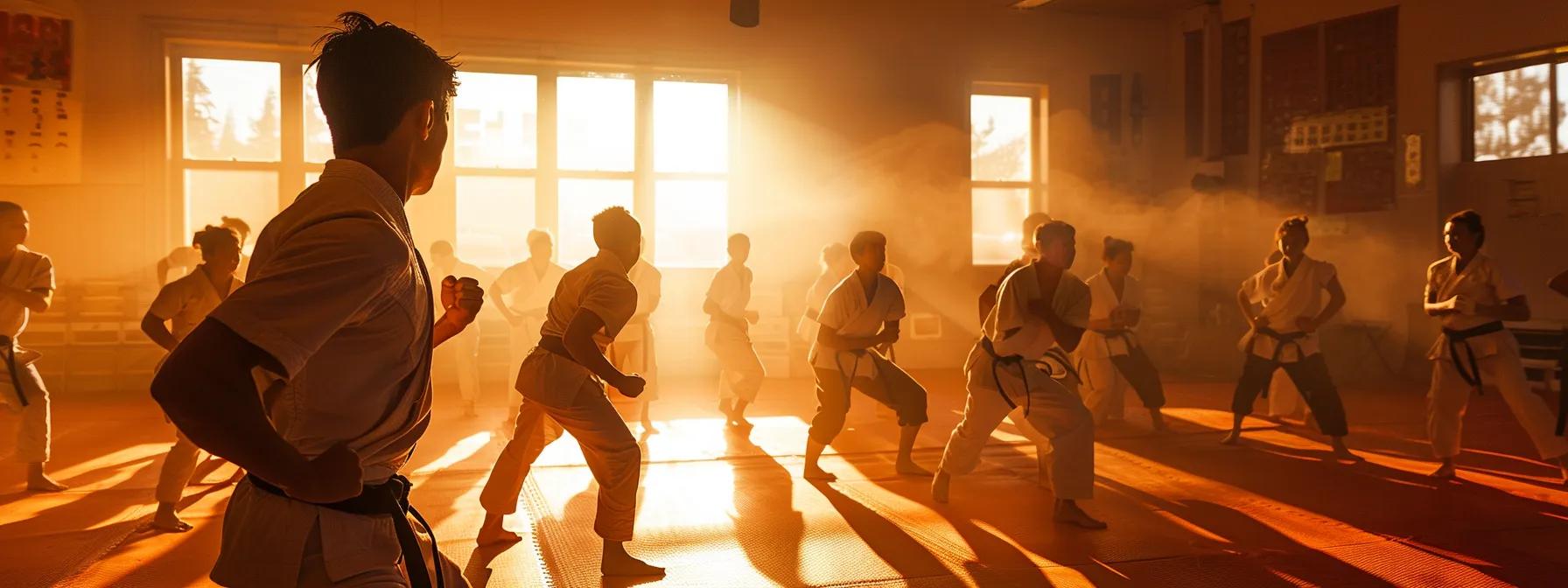 a dynamic martial arts classroom filled with diverse students of all ages and backgrounds engaged in training, showcasing camaraderie and a spirit of inclusivity under bright, focused artificial lighting.