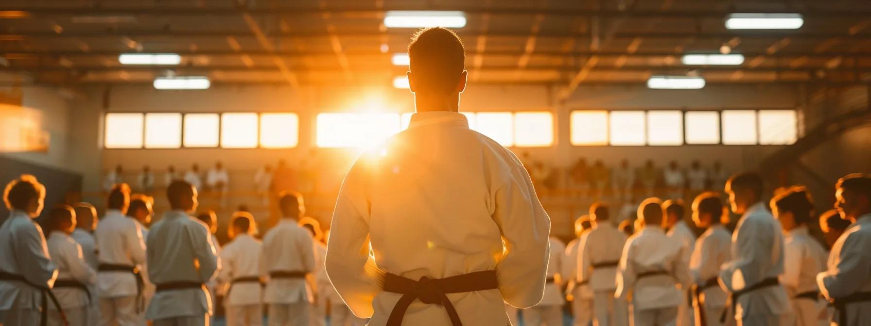 a dynamic martial arts classroom scene showcases an engaged instructor demonstrating techniques to a diverse group of focused students, emphasizing the importance of community and commitment in a vibrant, energetic atmosphere.