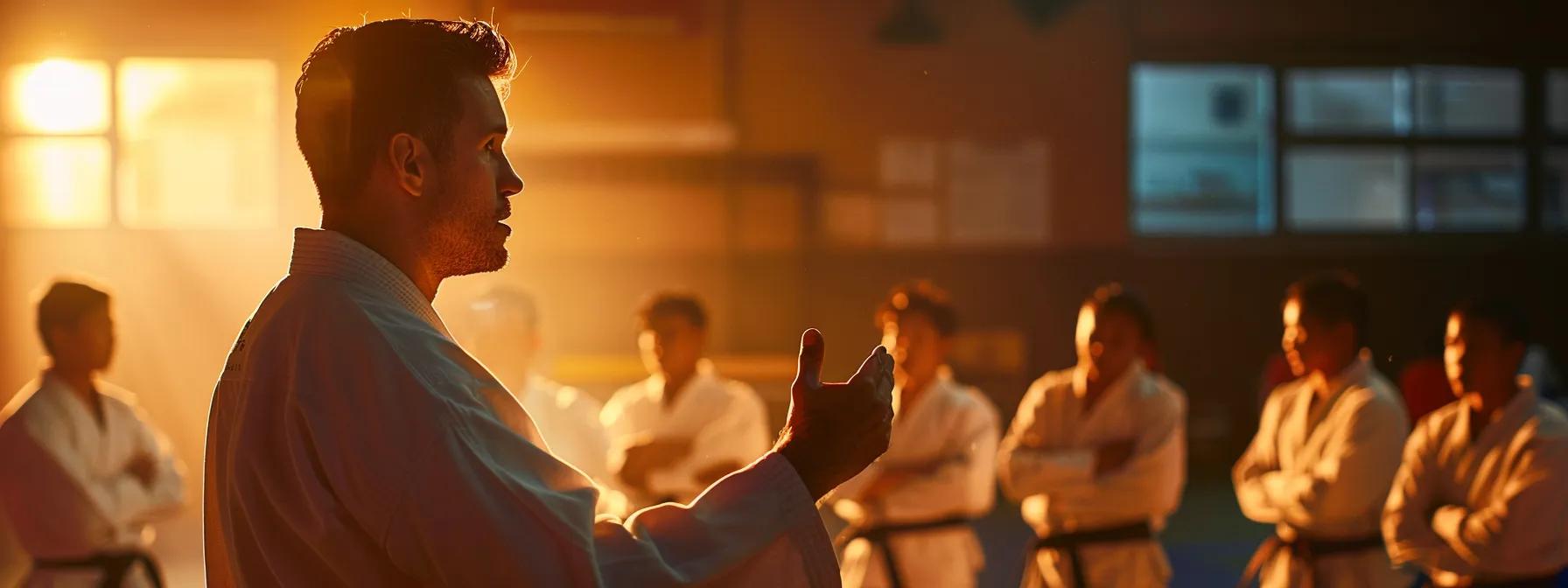 a dynamic martial arts school environment showcasing an engaging instructor actively conversing with diverse students in an energetic training session, emphasizing the school's commitment to effective communication and member success.