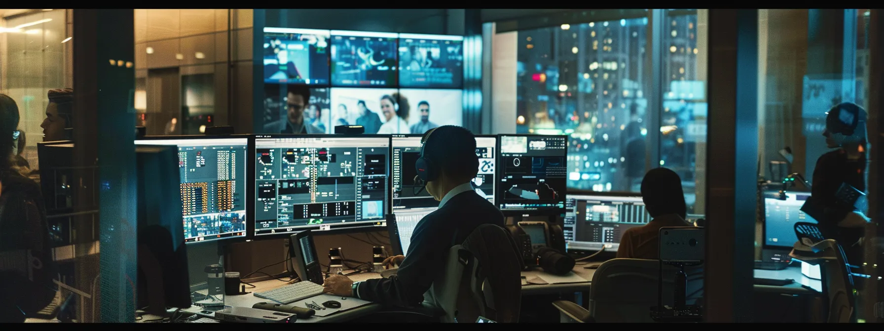 a dynamic new york city newsroom, filled with sleek technology and vibrant displays, showcases a diverse team of professionals collaborating intensely over storyboards and monitors, strategizing to captivate the city's television audience with compelling narratives.