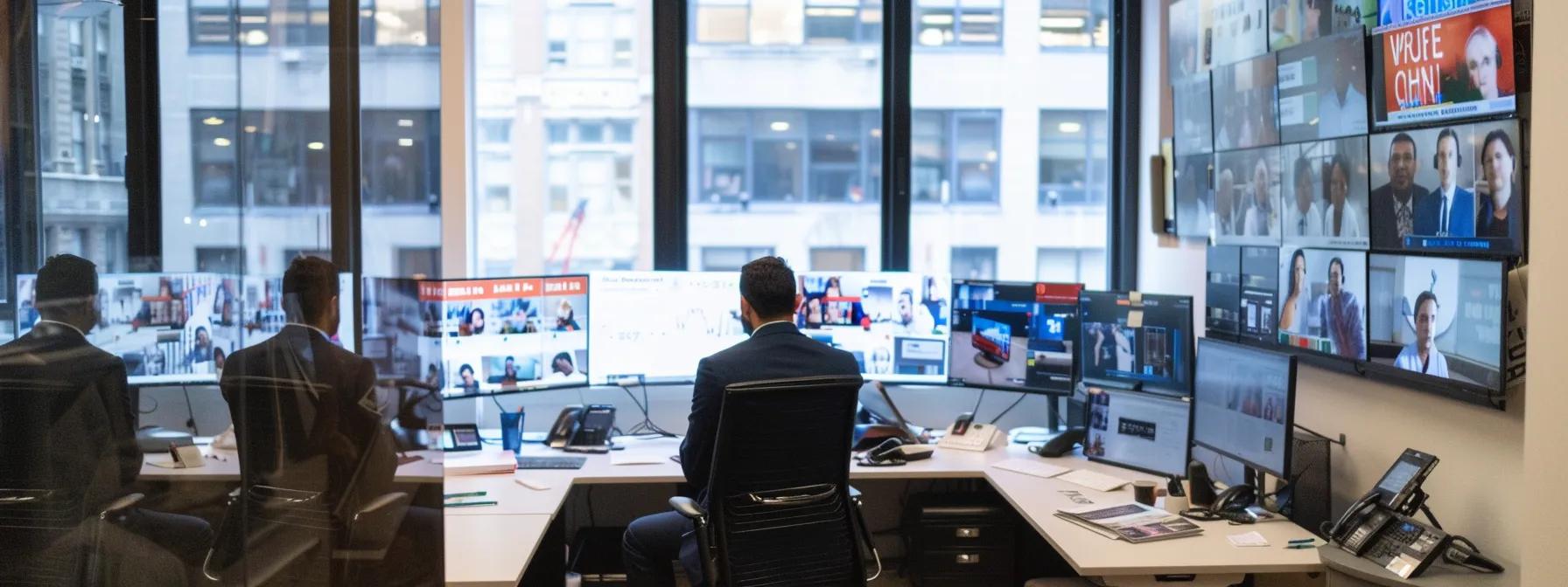 a dynamic nyc office scene features a confident pr consultant engaged in a video conference, surrounded by vibrant displays of tv ratings and media clips, highlighting the strategic impact of specialized public relations in the fast-paced television industry.