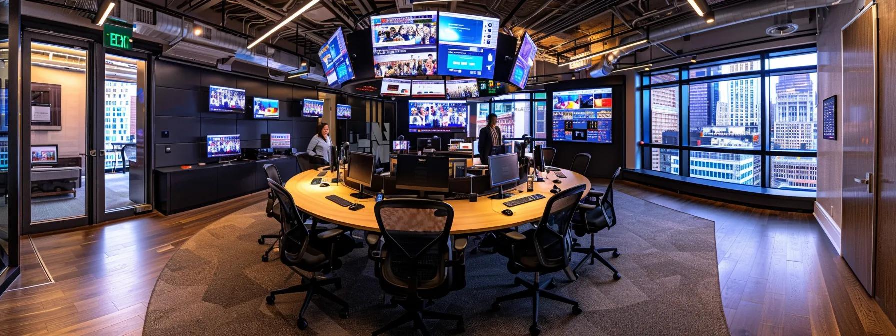 a dynamic nyc office setting showcases a focused team strategizing around a sleek conference table, surrounded by screens displaying influential television segments and media analysis charts, capturing the essence of high-impact pr for competitive television placements.