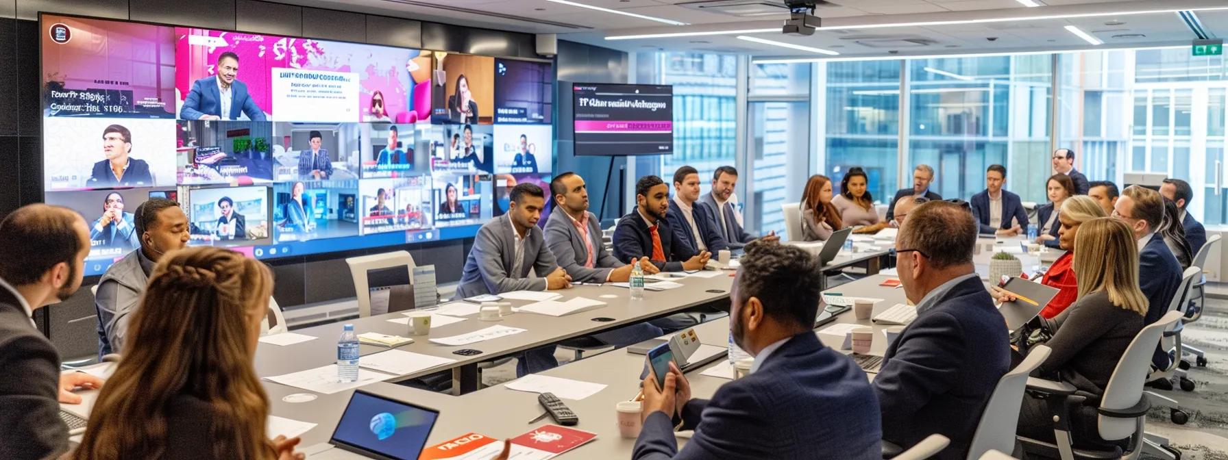 a dynamic office conference room filled with professionals engaged in a lively discussion about enhancing brand credibility through impactful tv pr strategies, showcasing a large screen displaying real-time social media engagement metrics and broadcast statistics.