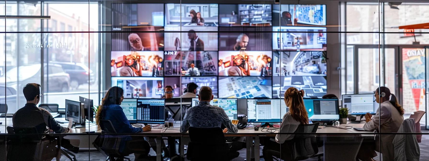 a dynamic office environment features a diverse team engaged in a strategy session, with vibrant visuals of successful tv pr campaigns displayed on screens, exemplifying a blend of innovative media tactics and crisis management approaches.