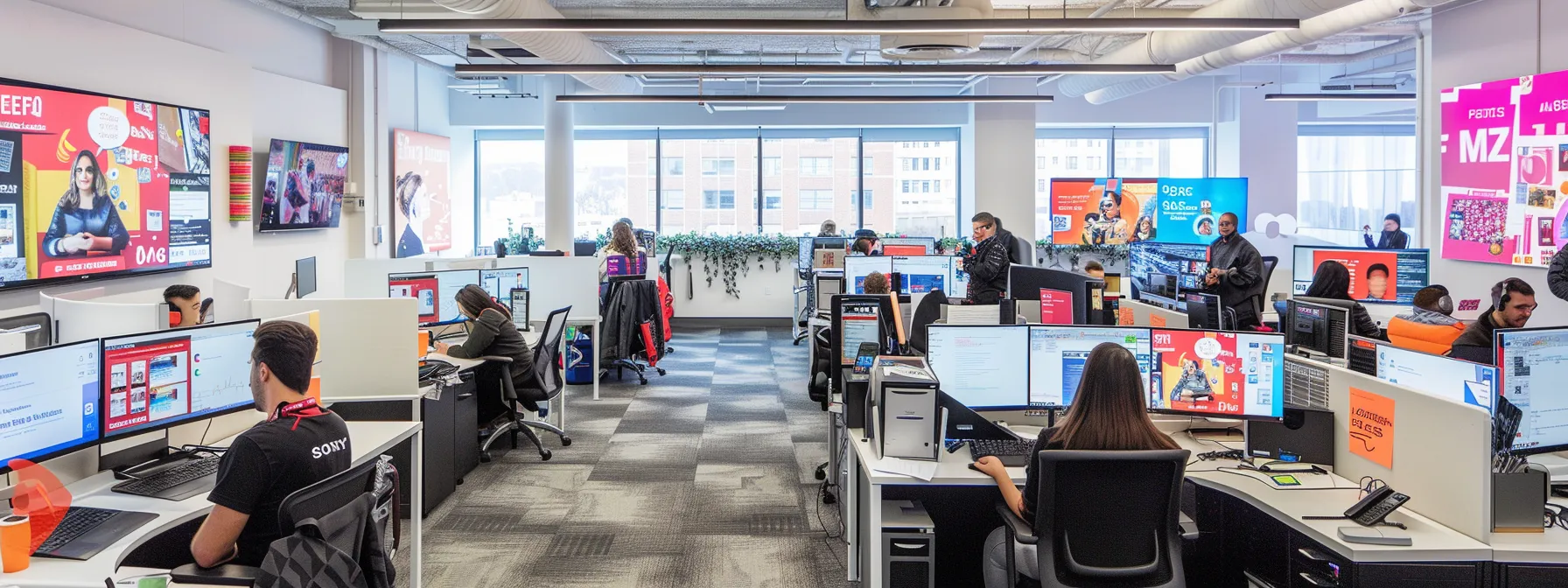 a dynamic office environment filled with focused professionals analyzing ppc campaign data on sleek monitors, surrounded by colorful digital ads displayed on screens showcasing lead generation metrics and advanced marketing strategies.