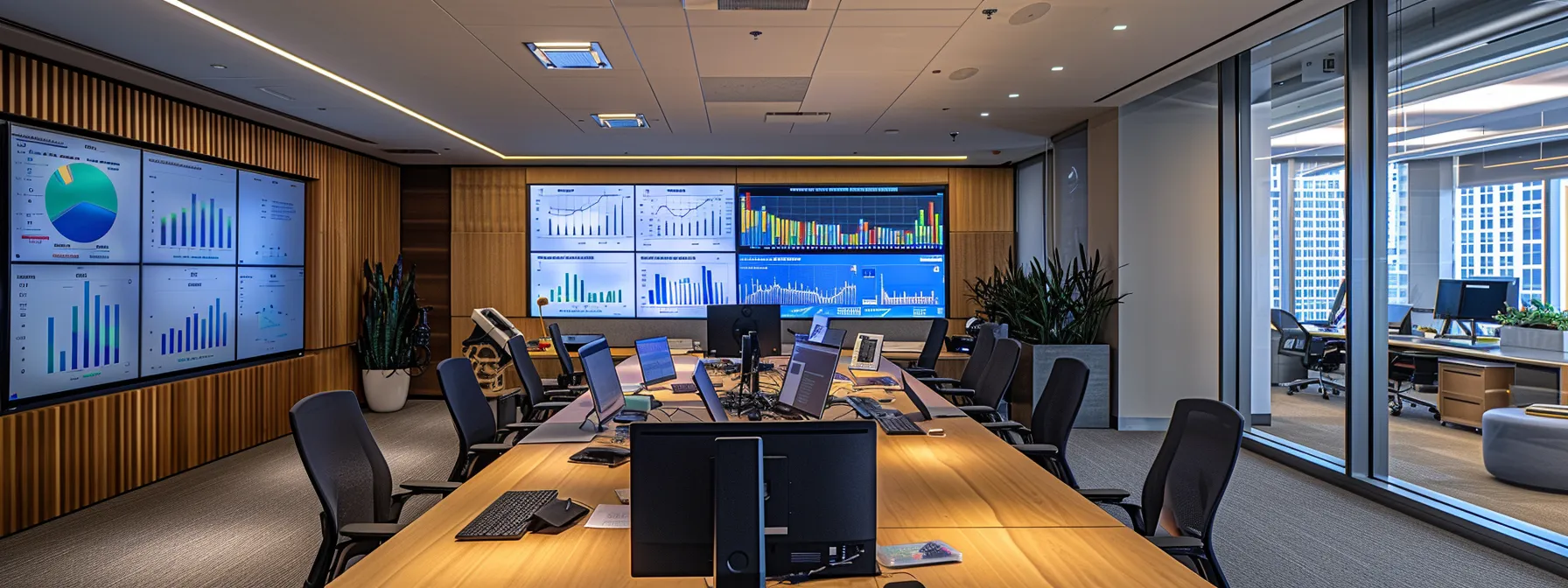 a dynamic office environment showcases a focused professional analyzing performance metrics on dual screens, surrounded by digital marketing charts and strategic ppc campaign plans, illuminated by modern task lighting.
