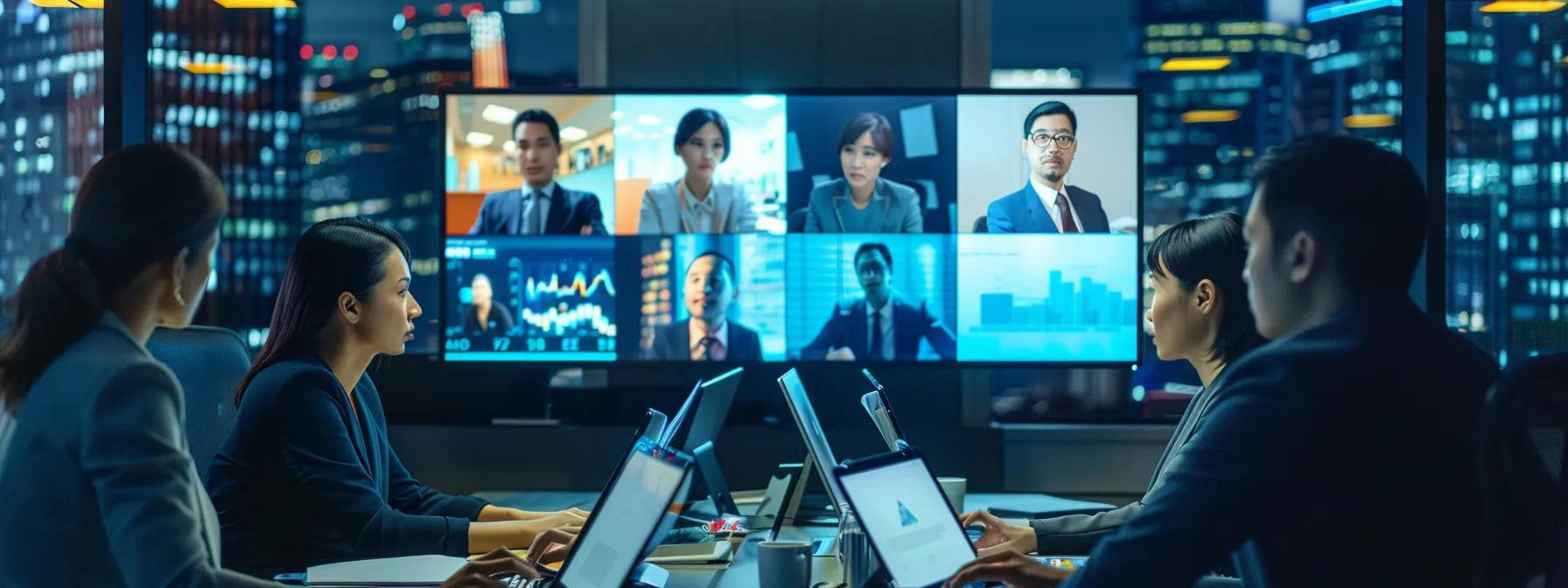 a dynamic office environment showcases a diverse team engaging in an animated video conference, illuminated by sleek screens displaying vibrant graphics and real-time collaboration tools, reflecting the transformative power of technology in teamwork.