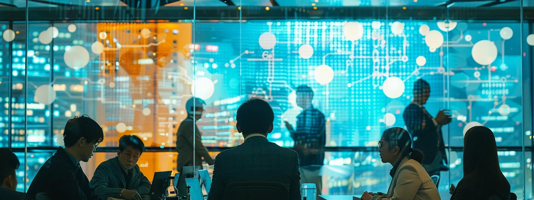 a dynamic office environment showcasing a diverse team engaged in a strategic recruitment marketing meeting, surrounded by digital displays highlighting candidate engagement analytics and innovative employer branding strategies.