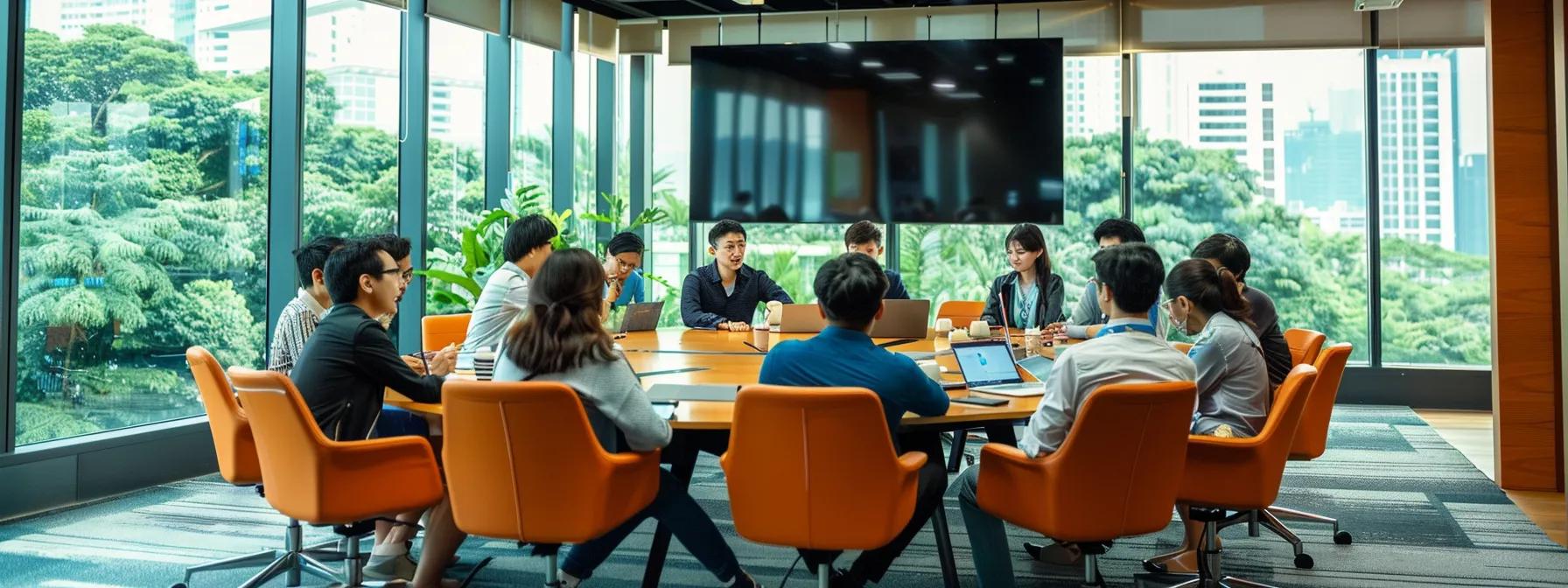 a dynamic office meeting in a modern singapore workspace, featuring a diverse team engaged in animated discussion around a digital screen, highlighting the challenges of language and cultural interpretation in team building. a dynamic office meeting in a modern singapore workspace, featuring a diverse team engaged in animated discussion around a digital screen, highlighting the challenges of language and cultural interpretation in team building.