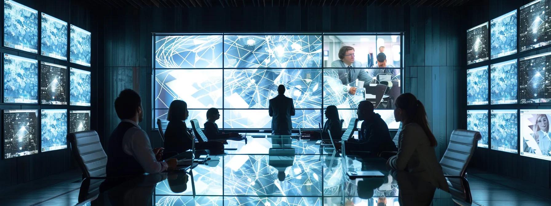 a dynamic office meeting room filled with engaged professionals collaborating around a sleek conference table, visually showcasing charts and digital screens that highlight the impact of influencer partnerships on ctv campaign success.