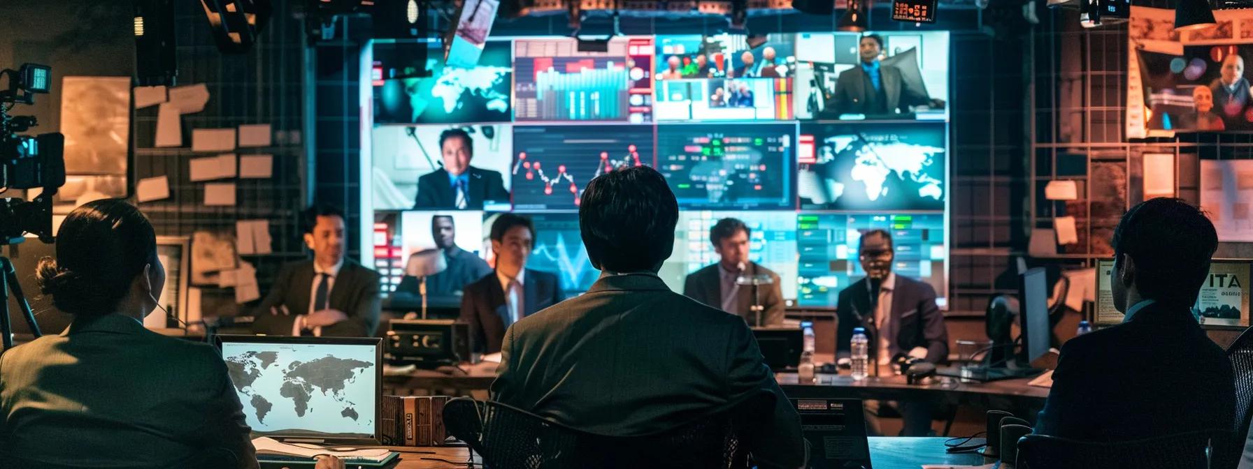 a dynamic office scene captures a diverse group of executives engaged in a high-energy media coaching session, with a large screen displaying vibrant graphs and news clips, highlighting the strategic elements of their upcoming television appearances.