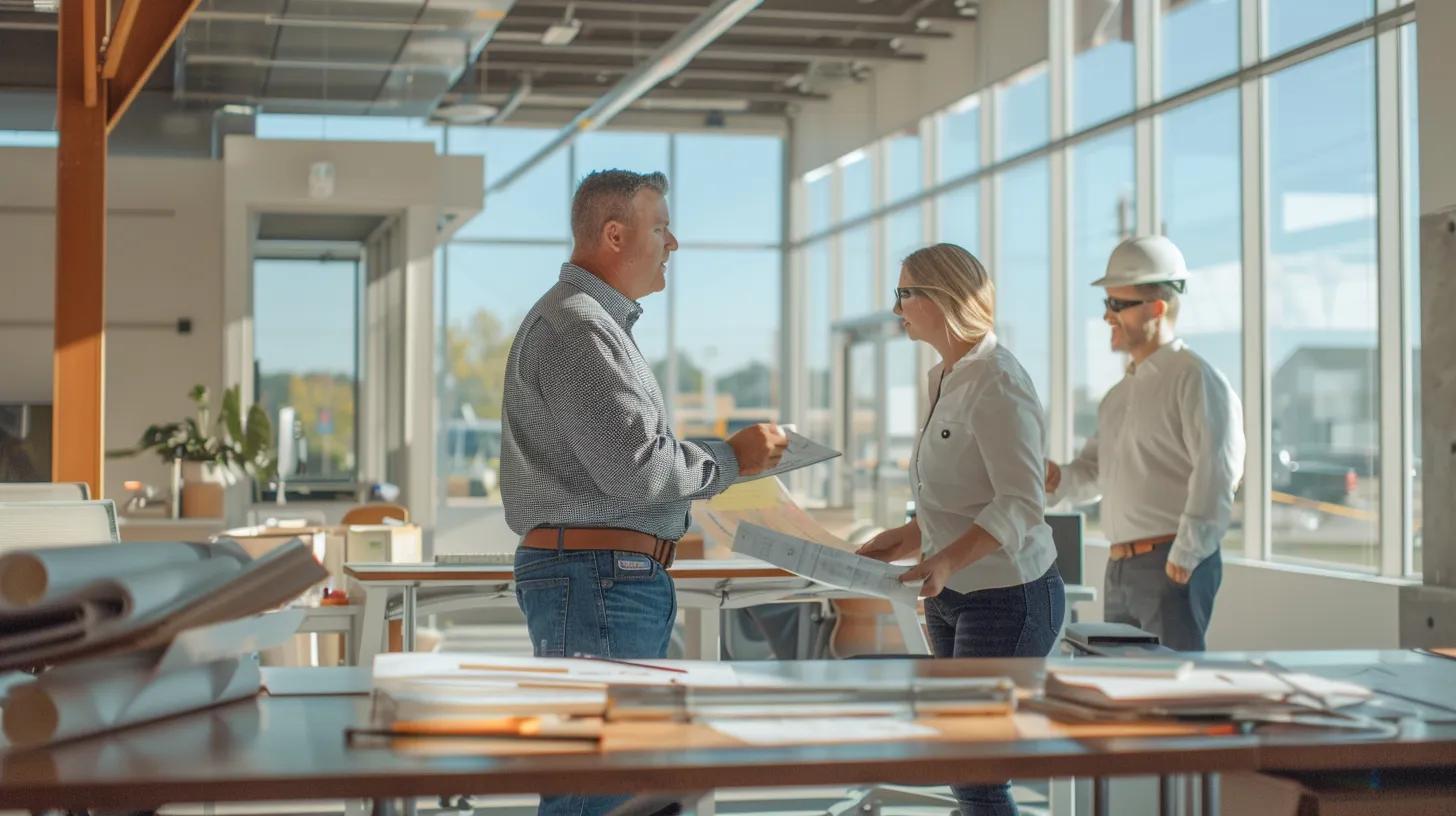 a dynamic office scene featuring a confident contractor engaging with clients in a modern knoxville workspace, surrounded by architectural plans and construction tools, highlighting professionalism and expertise.