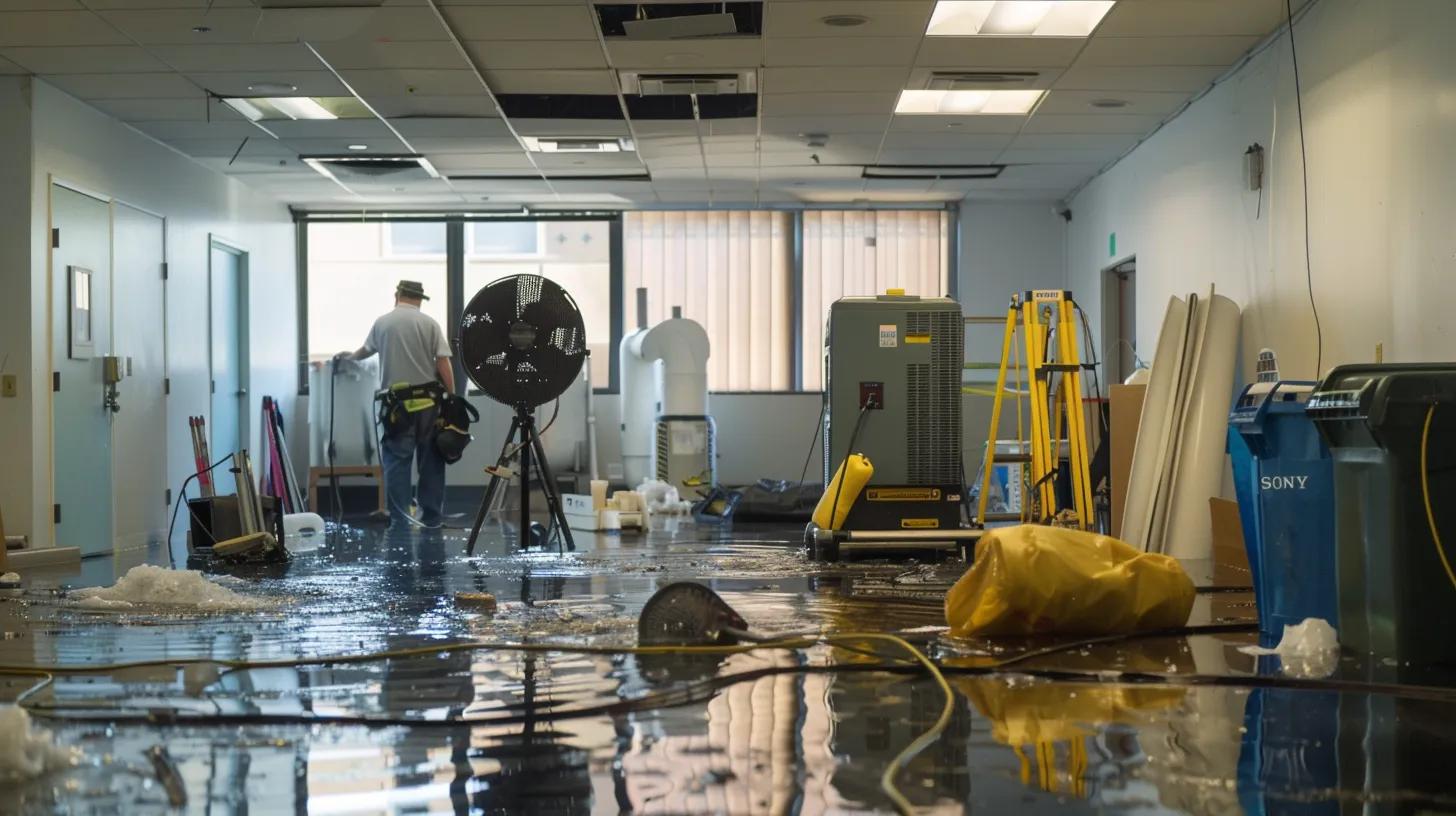a dynamic office scene showcases a team of professionals engaged in urgent water damage cleanup, with powerful industrial fans and extraction equipment visibly in action, highlighting the critical nature of immediate response to prevent mold and structural decay.