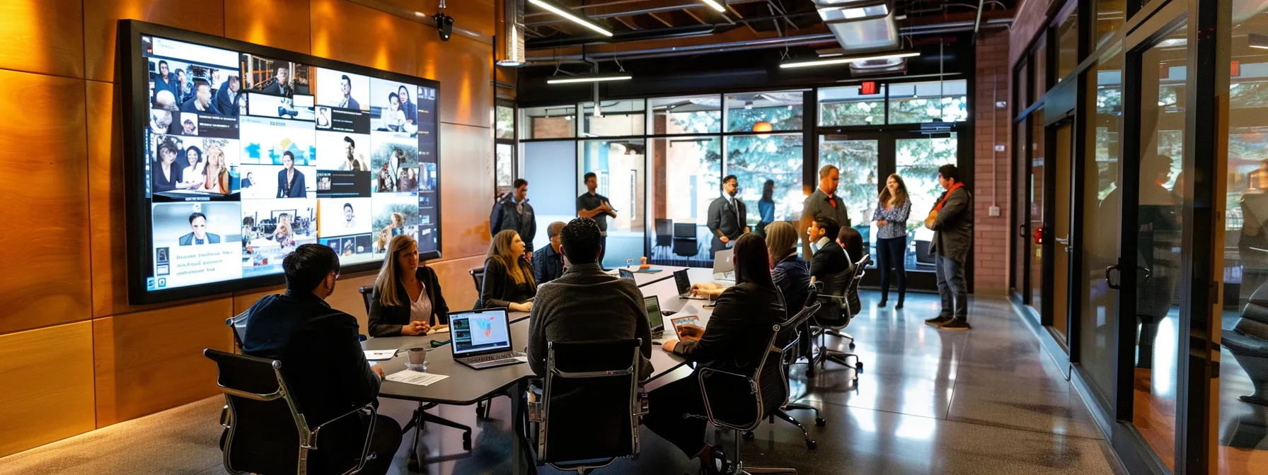 a dynamic office scene showcasing a diverse group of professionals gathered around a sleek conference table, passionately brainstorming and collaborating on bold, eye-catching headline ideas displayed on digital screens, illuminated by warm, focused lighting that emphasizes their creative energy.