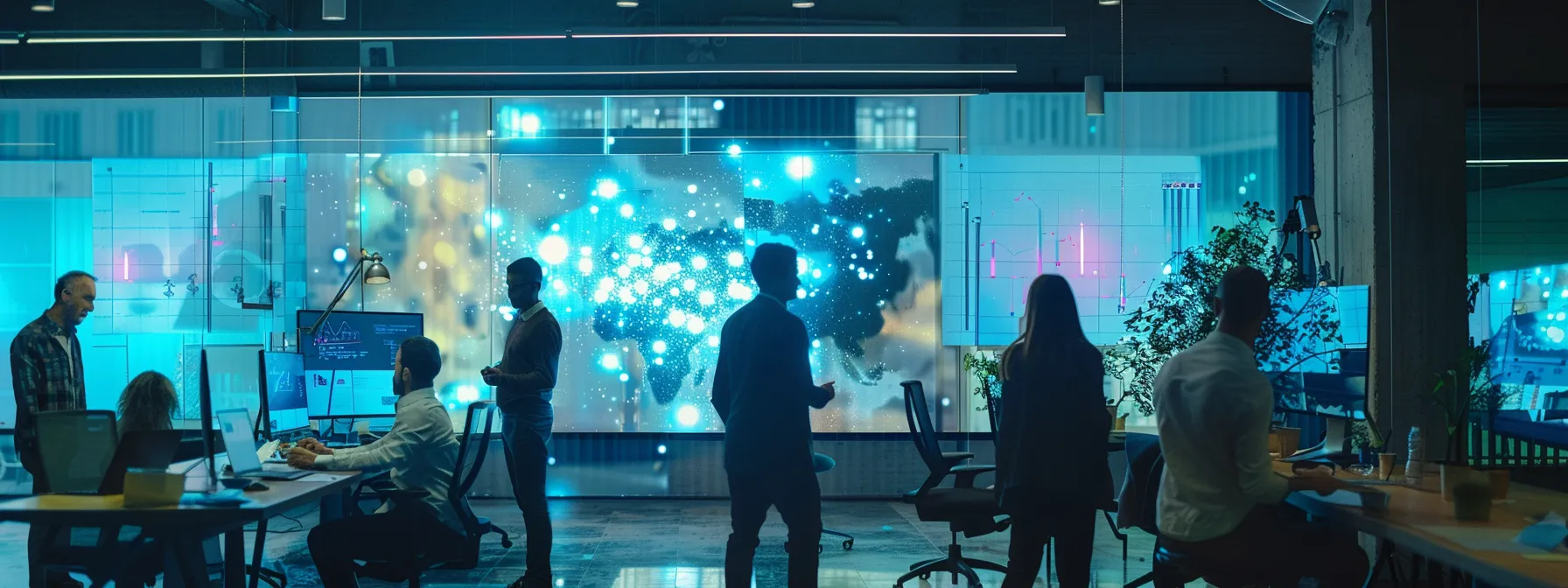 a dynamic office setting featuring a diverse team of professionals engaging in a lively brainstorming session, surrounded by digital screens displaying real-time analytics and evolving marketing strategies, illustrating the importance of adaptability in goal-setting.