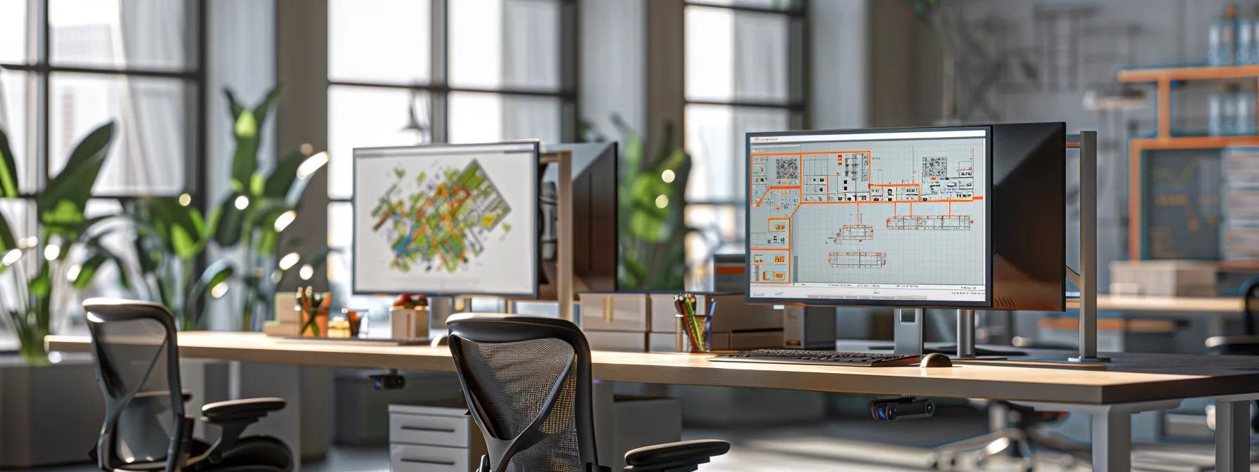 a dynamic office workspace filled with dual monitors displaying a complex revit architectural model, amid sleek design elements and digital tools, emphasizing an environment focused on optimizing bim workflows for architectural efficiency.