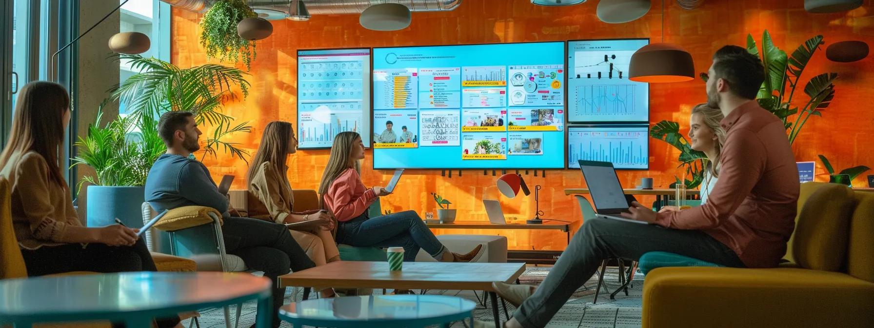 a dynamic office workspace showcases a team collaborating around a digital marketing strategy board, illuminated by vibrant screens displaying real-time engagement metrics and colorful social media content, emphasizing the importance of continual online interaction for sustaining waitlist growth. a dynamic office workspace showcases a team collaborating around a digital marketing strategy board, illuminated by vibrant screens displaying real-time engagement metrics and colorful social media content, emphasizing the importance of continual online interaction for sustaining waitlist growth.