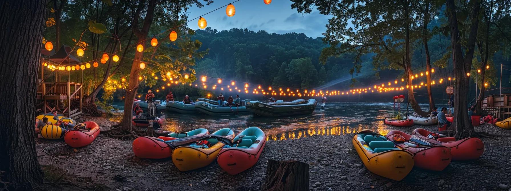 a dynamic riverside camp scene at dusk, showcasing colorful inflatable rafts lined up along a bustling tennessee river, with excited rafters preparing for their overnight adventure under vibrant lanterns strung between trees.