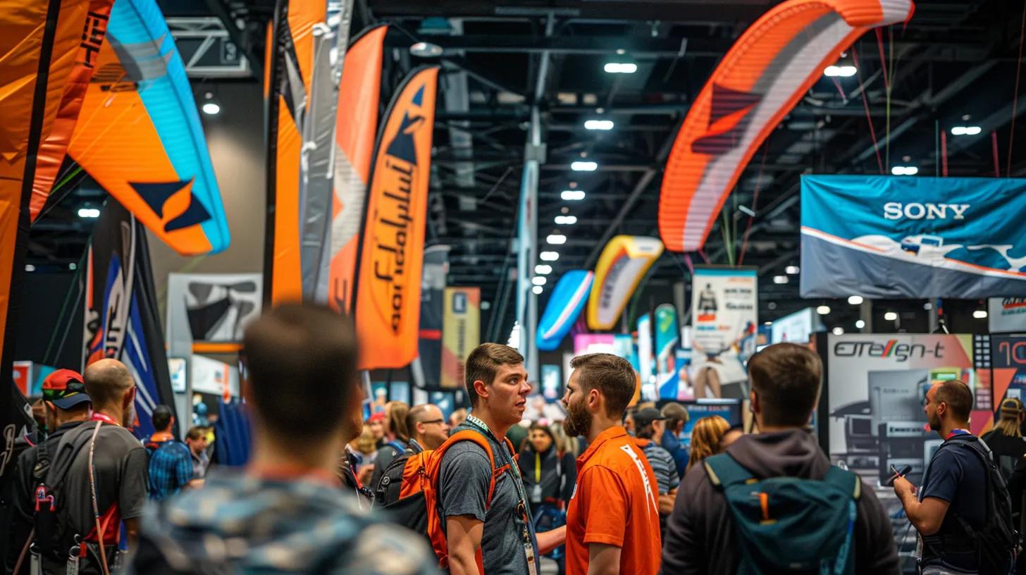 a dynamic scene featuring a diverse group of enthusiastic pilots engaged in vibrant discussions around cutting-edge paragliding gear at an urban trade show, with colorful banners displaying various brands and an array of equipment on display, capturing the spirit of community and shared expertise. a dynamic scene featuring a diverse group of enthusiastic pilots engaged in vibrant discussions around cutting-edge paragliding gear at an urban trade show, with colorful banners displaying various brands and an array of equipment on display, capturing the spirit of community and shared expertise.