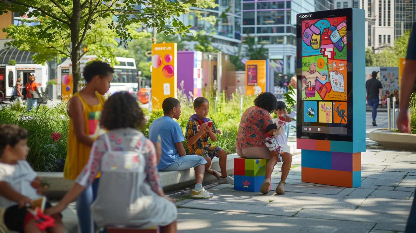 Activités pour enfants à Laval : Amusement et Découverte 6 Activités pour enfants à Laval : Amusement et Découverte une scène dynamique dans un espace urbain où des familles interagissent autour d'une application numérique affichant des activités pour enfants, avec des affiches colorées d'événements en arrière-plan et une ambiance joyeuse et engageante.