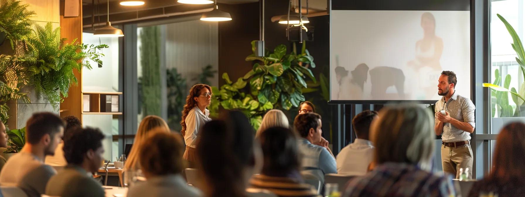 a dynamic seminar in an urban veterinary clinic, featuring a diverse group of engaged dog owners and experts passionately discussing innovative hydration methods for pet health, illuminated by bright, professional lighting.