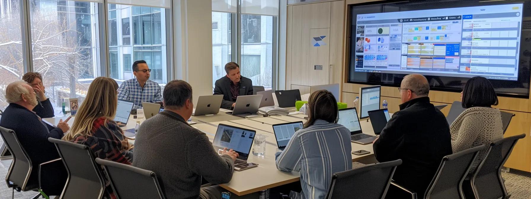 a dynamic senior care marketing strategy session unfolds in a sleek urban office, featuring engaged professionals analyzing data analytics on digital screens, brainstorming innovative advertising tactics, and collaborating over detailed reports to optimize budget efficiency and reduce cost per lead.