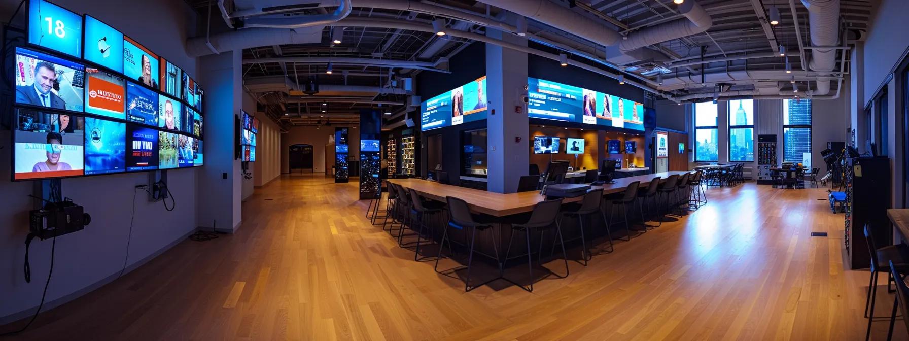 a dynamic shot of a bustling new york city media office, featuring sleek conference rooms filled with high-tech equipment and visual displays showcasing influential television networks, representing unparalleled media access and industry connections.