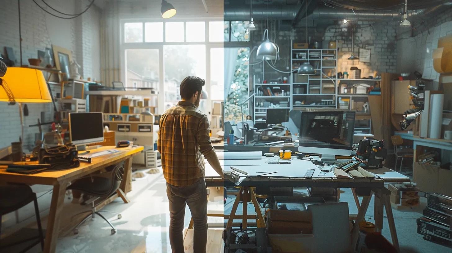a dynamic split-scene depicting a bustling office environment on one side showcasing professional knoxville contractors collaborating over blueprints, while the other side reveals an enthusiastic diy enthusiast intently working on a home project surrounded by tools and materials.