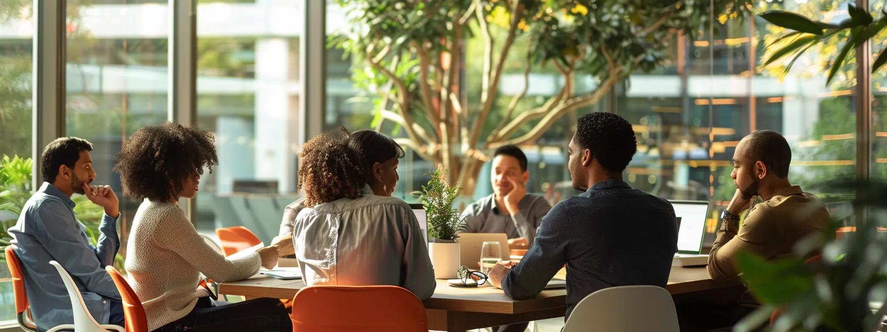 a dynamic team of diverse professionals engaged in an animated discussion around a conference table, with a backdrop of modern office architecture, capturing the essence of collaboration fostered by leadership training. a dynamic team of diverse professionals engaged in an animated discussion around a conference table, with a backdrop of modern office architecture, capturing the essence of collaboration fostered by leadership training.