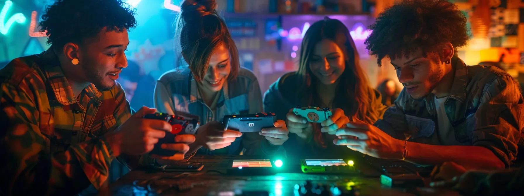 a dynamic urban café setting featuring a group of engaged friends playing on retro portable gaming devices, with colorful screens aglow and laughter filling the air, capturing the essence of social gaming experiences.