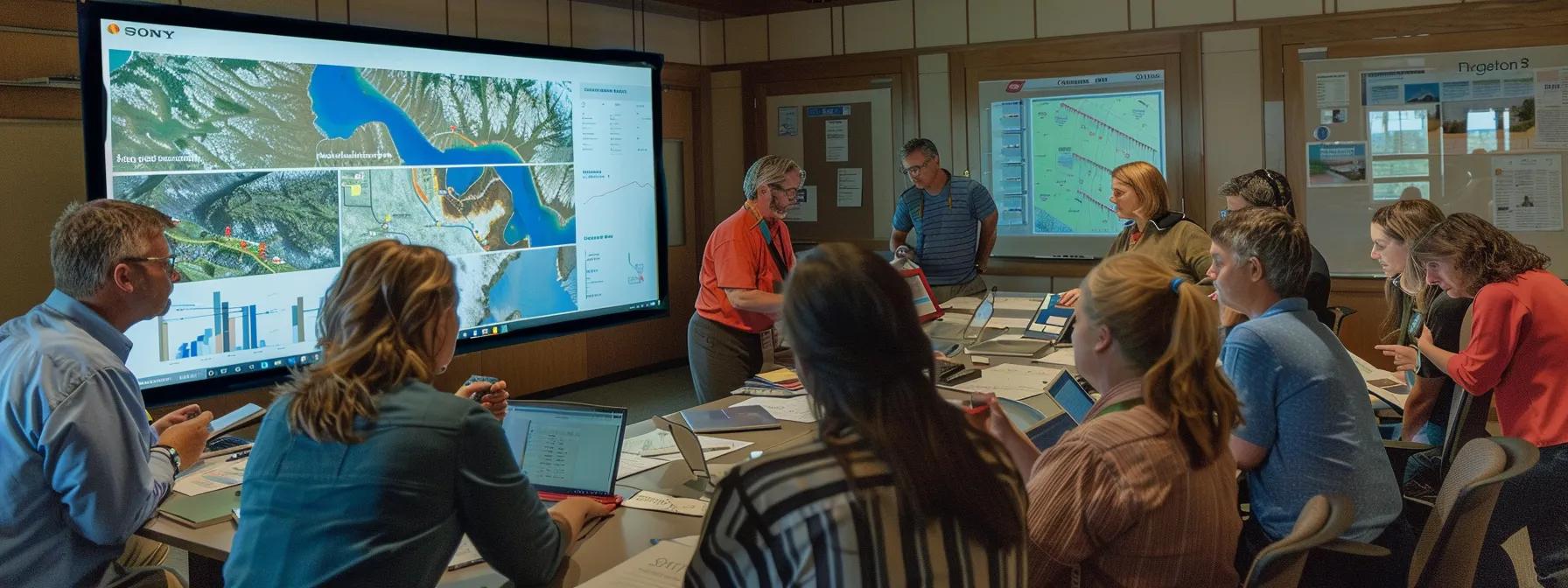 a dynamic urban conservation meeting displays passionate representatives from local organizations collaborating around a large conference table, showcasing vibrant infographics and maps highlighting water quality and habitat restoration efforts related to the ocoee river.