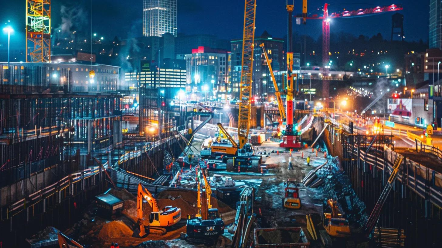 a dynamic urban construction site in knoxville showcases towering cranes, skilled workers engaged in collaborative discussions, and vibrant machinery, all under the bright lights of a bustling city skyline.