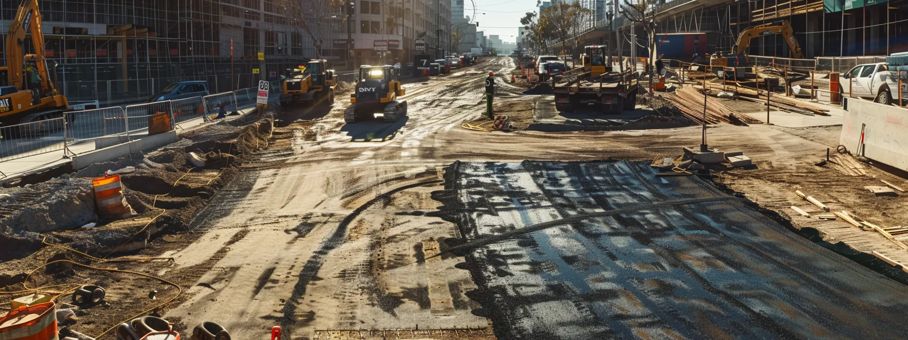 a dynamic urban construction site in san diego showcases workers applying a sleek, fresh layer of asphalt over a worn pavement, emphasizing the efficiency and rejuvenation of asphalt overlays as a revitalizing solution for property owners.
