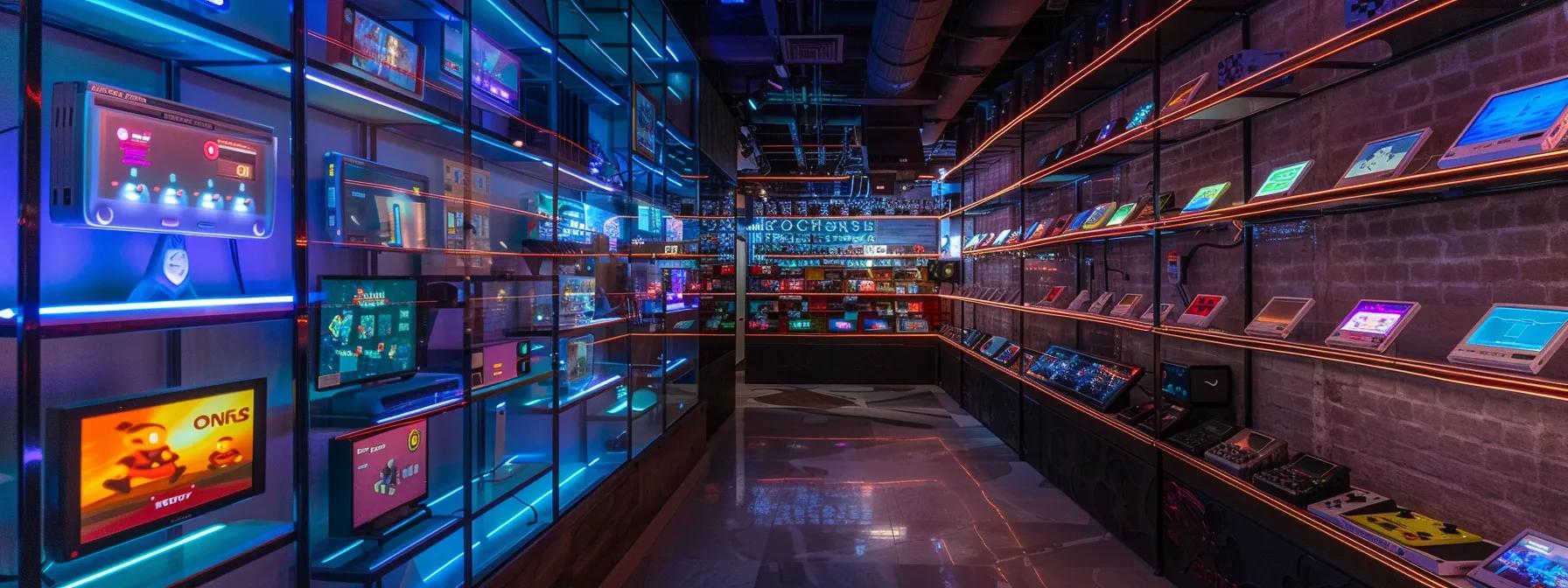 un salón de juegos urbano dinámico lleno de coloridas consolas portátiles retro exhibidas de manera destacada en elegantes estantes de vidrio, iluminación LED vibrante que acentúa los diseños nostálgicos y jugadores ansiosos intensamente comprometidos con sus títulos clásicos favoritos. a dynamic urban gaming lounge filled with colorful retro handheld consoles displayed prominently on sleek glass shelves, vibrant led lighting accentuating the nostalgic designs, and eager gamers intensely engaged with their favorite classic titles.