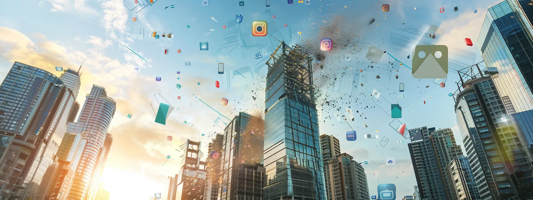 a dynamic urban landscape showcasing a skyscraper being demolished, with vibrant social media icons floating above, symbolizing the connection between construction and digital engagement. a dynamic urban landscape showcasing a skyscraper being demolished, with vibrant social media icons floating above, symbolizing the connection between construction and digital engagement.