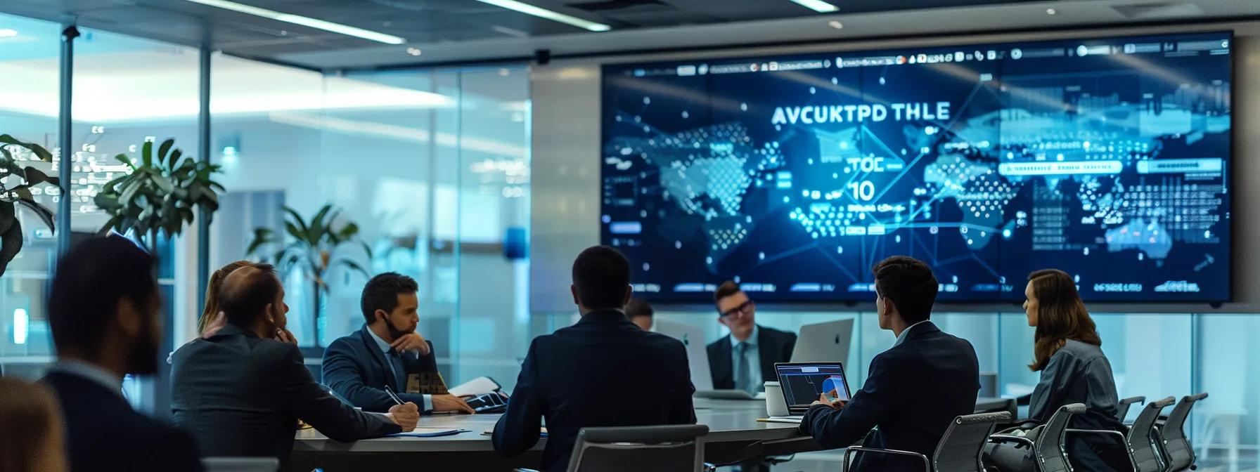 a dynamic urban office environment showcases a large digital screen displaying highlights from successful tv pr campaigns, with professionals engaged in a strategic brainstorming session, illuminated by sleek modern lighting.