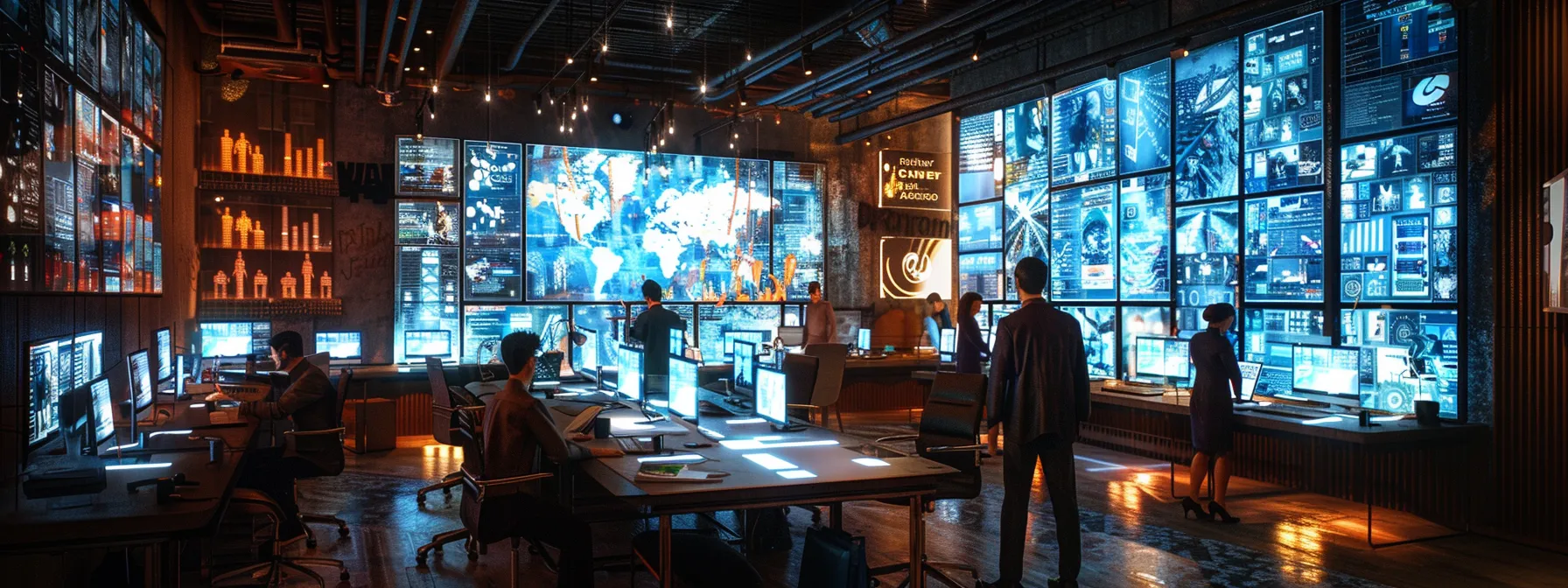 a dynamic urban office setting showcases a focused marketing team collaborating over digital screens filled with ppc analytics, highlighting strategic keyword management and budget optimization for lead acquisition.