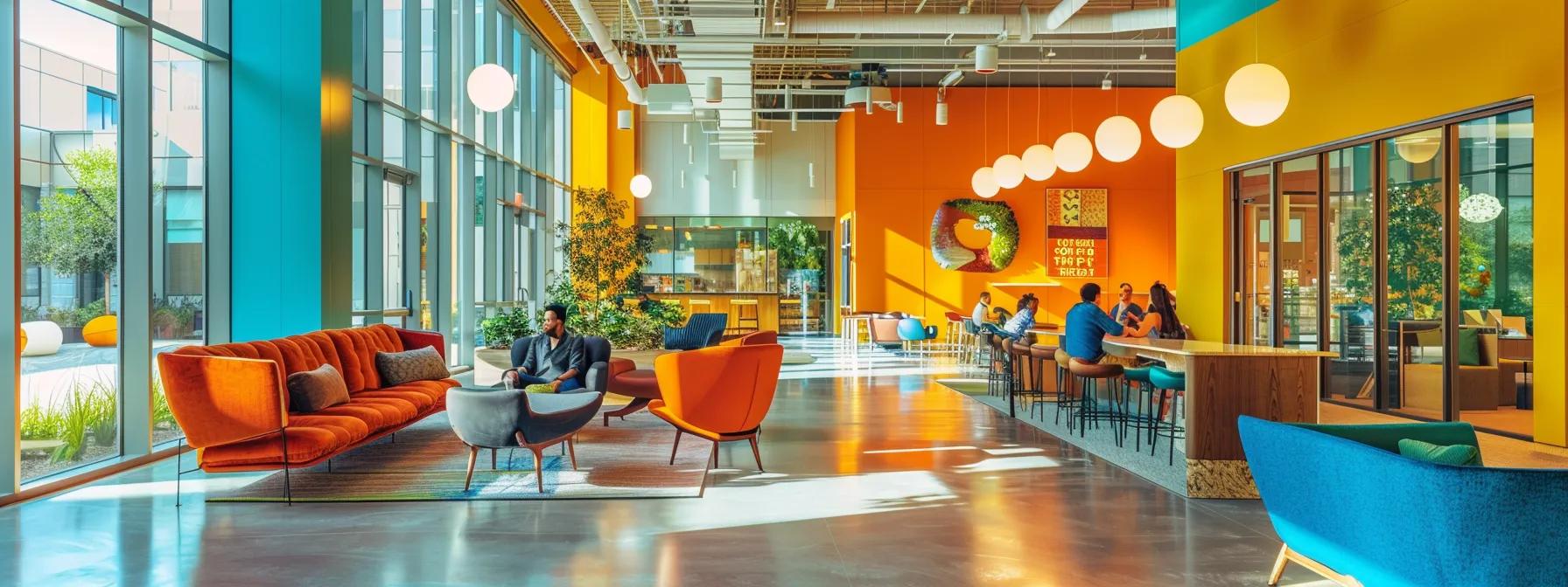 a dynamic urban office space showcases innovative architecture with striking visual storytelling elements, reflecting real-world examples of successful narrative architecture integration through vibrant colors and interactive design features. a dynamic urban office space showcases innovative architecture with striking visual storytelling elements, reflecting real-world examples of successful narrative architecture integration through vibrant colors and interactive design features.