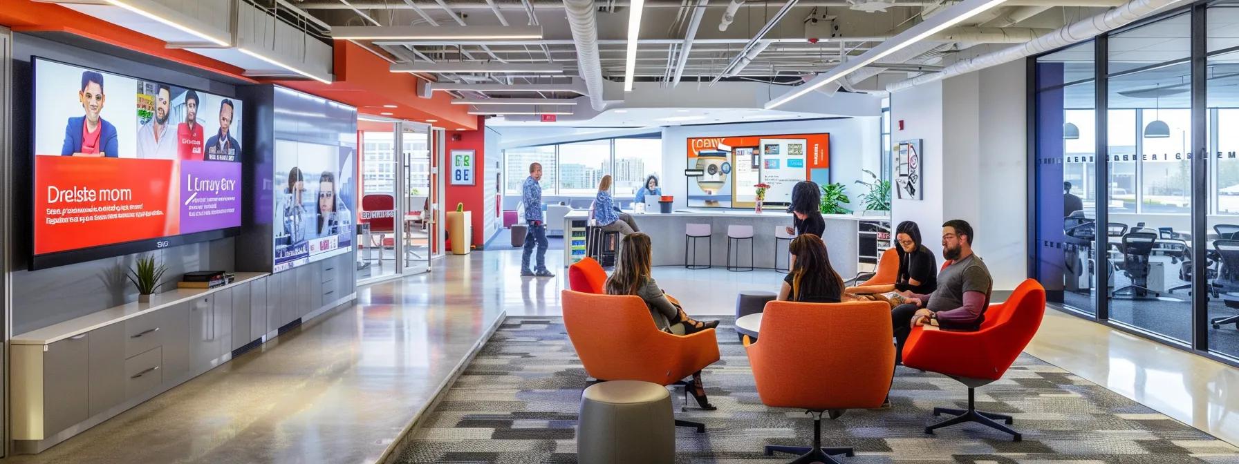 a dynamic urban office space showcases a team brainstorming innovative advertising strategies with digital screens displaying vibrant social media ads, newspapers, and billboards around them, reflecting the modern multichannel approach to insurance agency marketing in california.