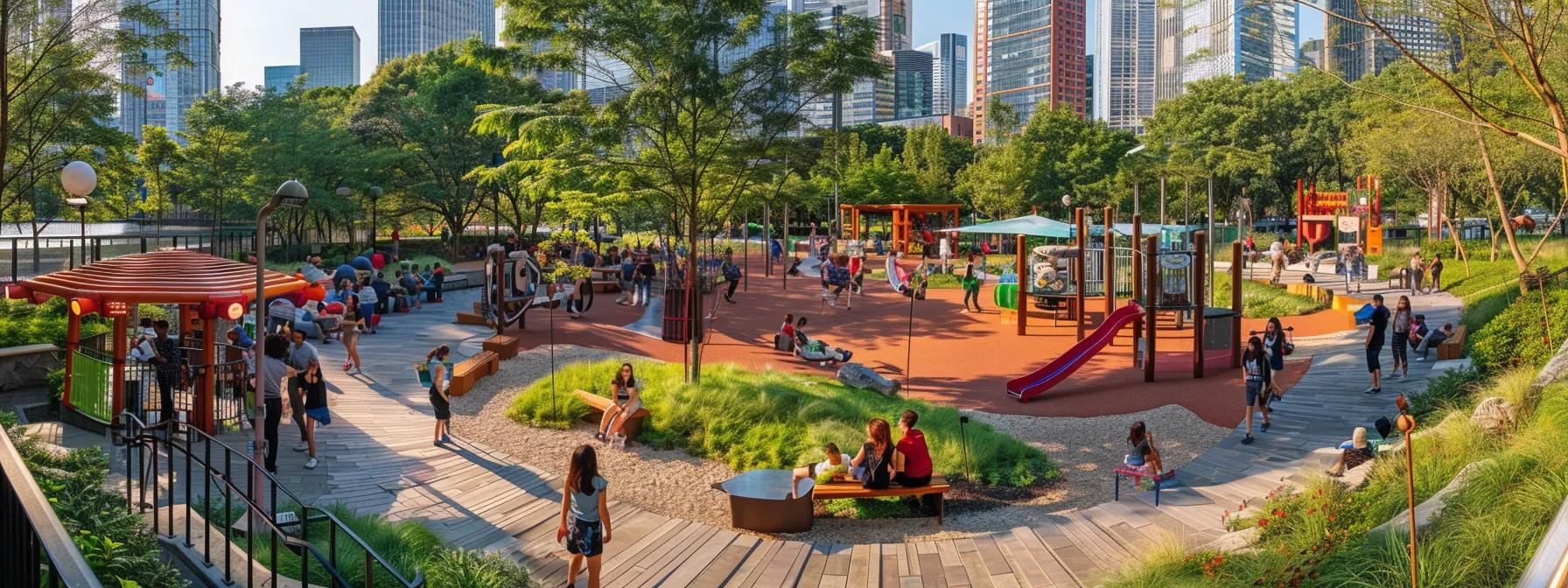 a dynamic urban park filled with diverse teams engaging in various outdoor team-building exercises, showcasing laughter and collaboration against a backdrop of city skyscrapers and vibrant public art installations.